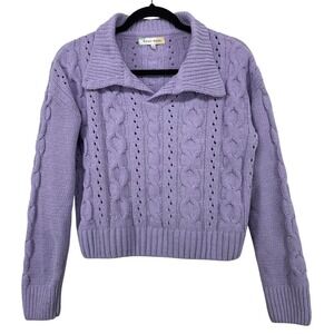 Hazel Moon Size S Cable Knit Sweater Lavender Purple Collared Chenille Cropped